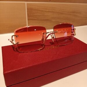 Cartier C decor Red Tint Gold Wire Diamond Cut Lens Rimless Glasses